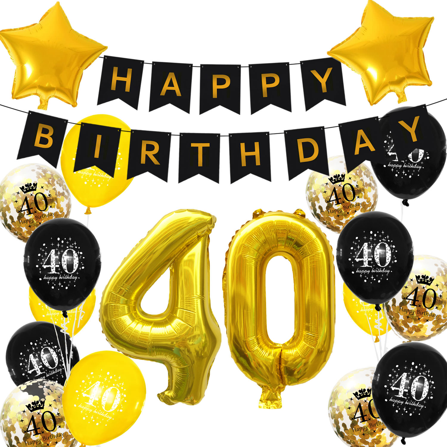 25. Geburtstag Dekoration Set – Schwarz-gold, Mit Folienballon, Banner, Luftballons & Tortenaufleger