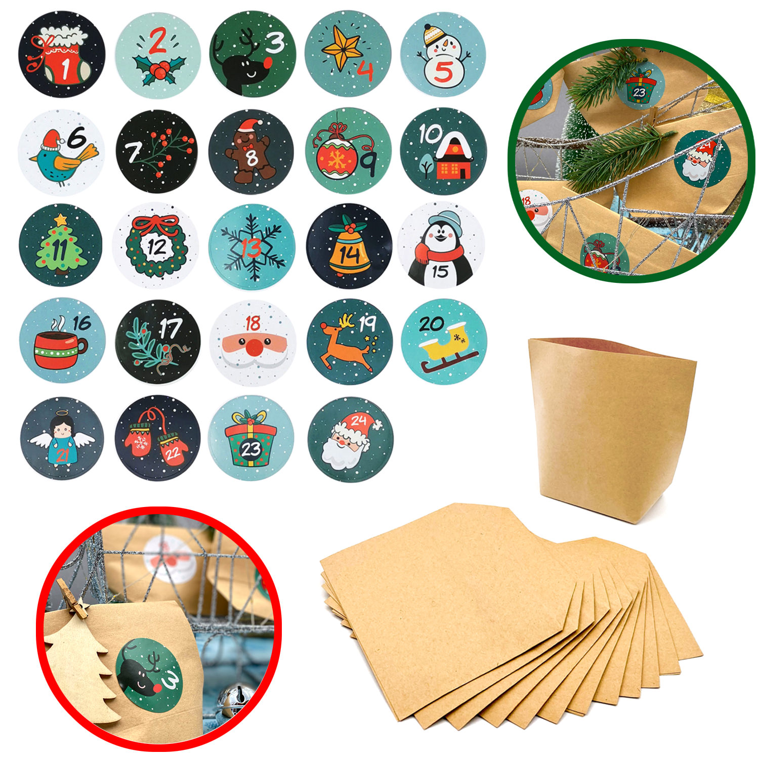 DIY Adventskalender Set 24 Tüten + 24 Zahlen Sticker Aufkleber Advent - wählbar - Bild 3 von 4
